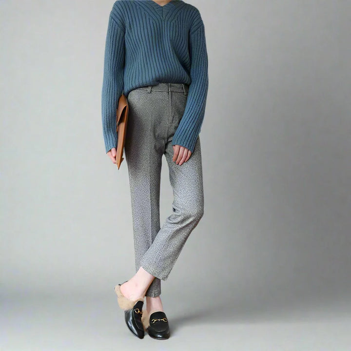 Woman in wool trousers demonstrating versatile styling for smart-casual occasions