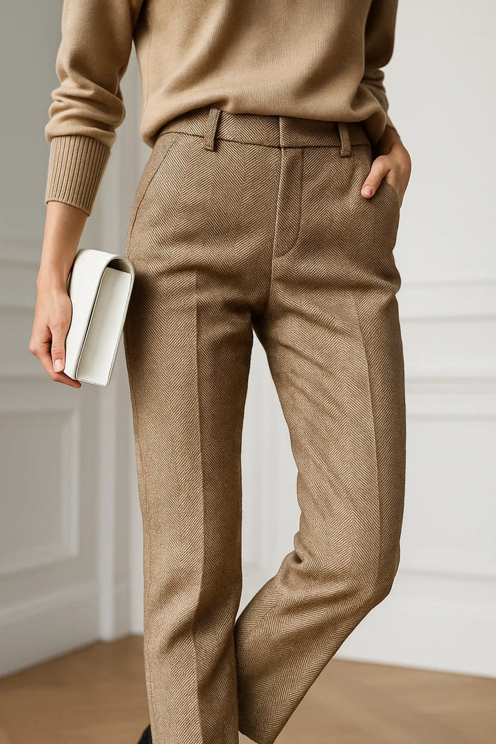 Woman in wool trousers demonstrating comfortable movement and relaxed fit