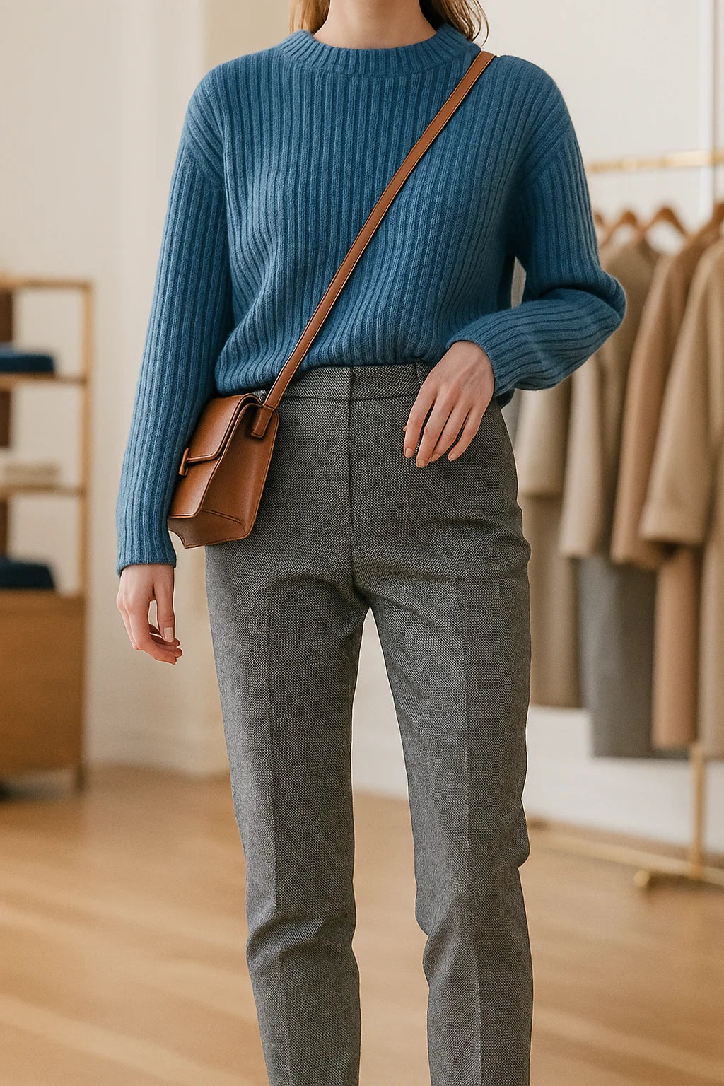 Ivory wool trousers paired with a camel jumper for tonal winter styling