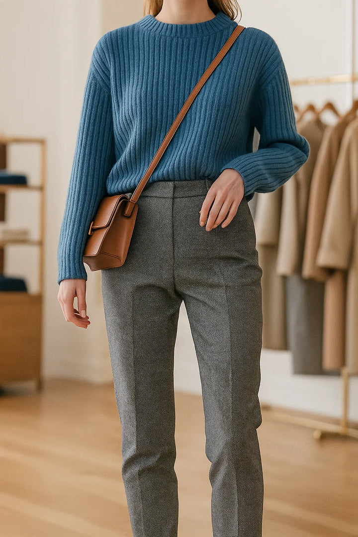 Ivory wool trousers paired with a camel jumper for tonal winter styling