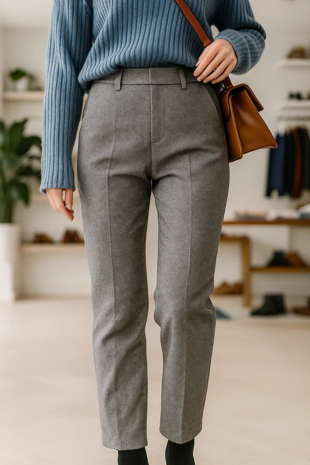Close-up of wool trouser waistband and front closure detail