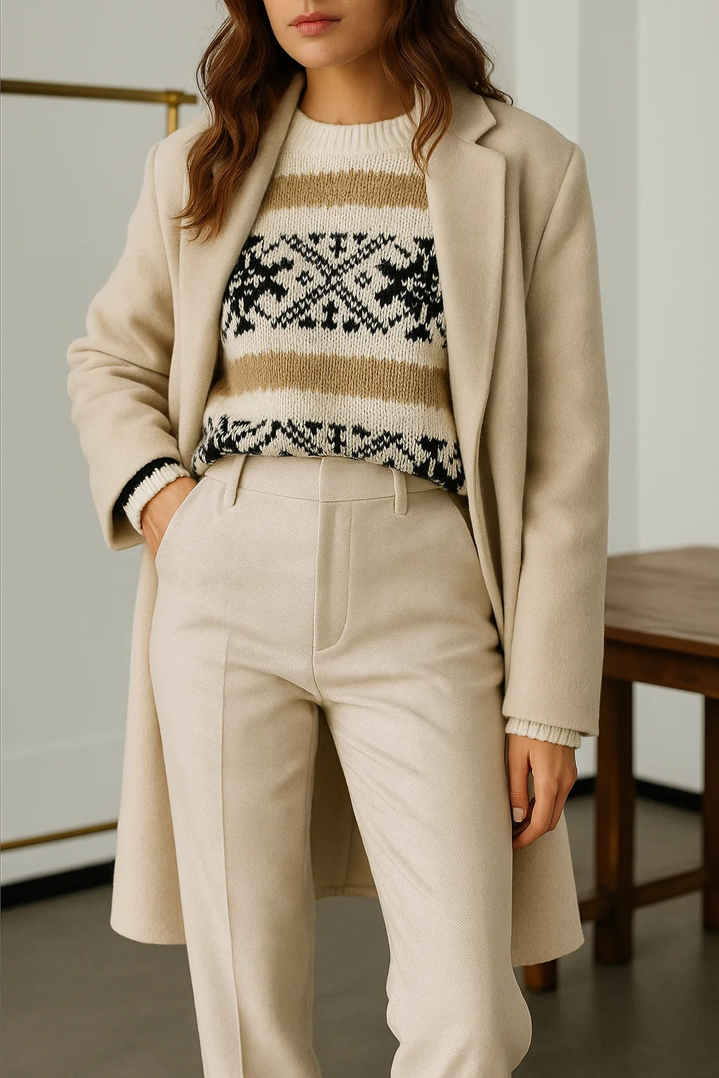 Grey wool trousers in herringbone weave styled for autumn workwear