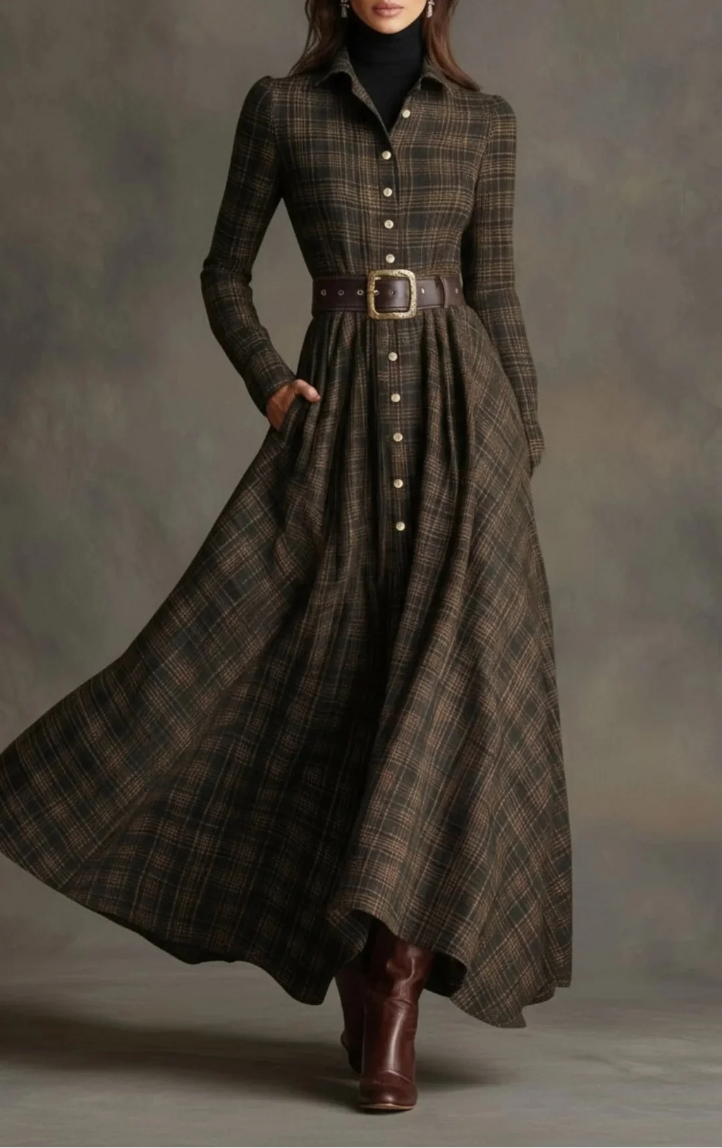 Women's belted shirt dress in brown plaid with maxi-length skirt and full button-down front