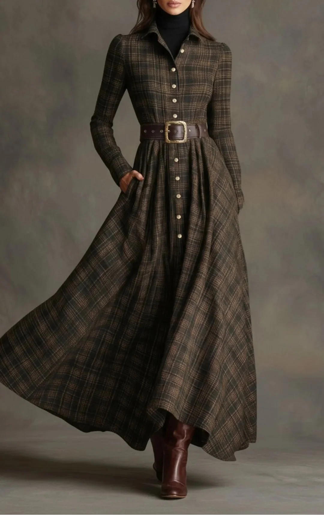 Women's belted shirt dress in brown plaid with maxi-length skirt and full button-down front