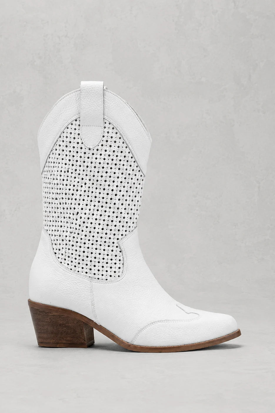Close-up of perforated panelling and stitching detail on women's cowboy boots
