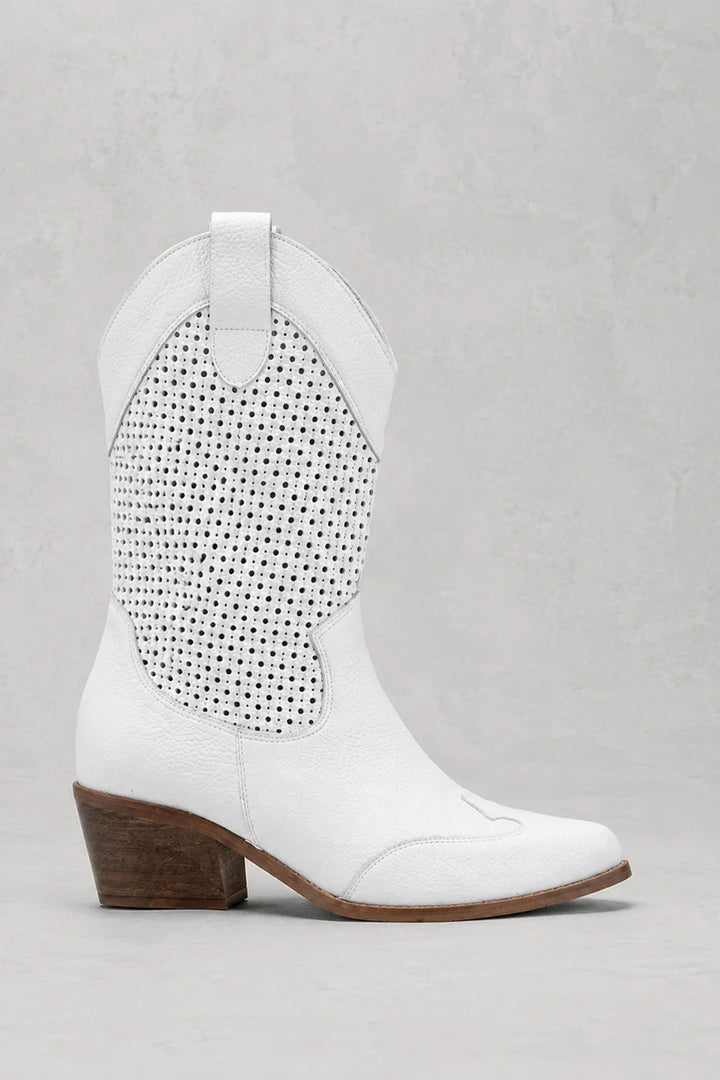 Close-up of perforated panelling and stitching detail on women's cowboy boots
