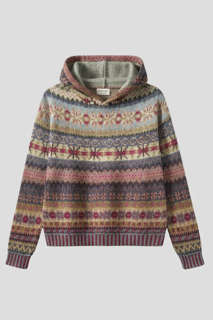 Women's fair isle knit hoodie with multi-pattern jacquard design and ribbed cuffs in earthy tones
