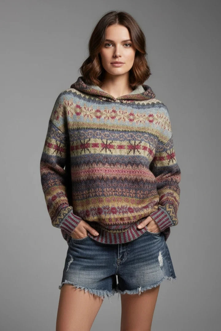 Close-up of fair isle patterned hoodie showing traditional jacquard motifs and structured hood detail