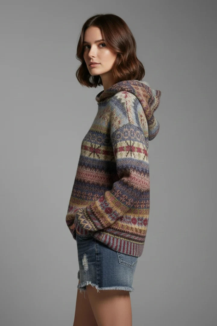 Side view of women's relaxed-fit knit hoodie with ribbed hem and cuff detailing