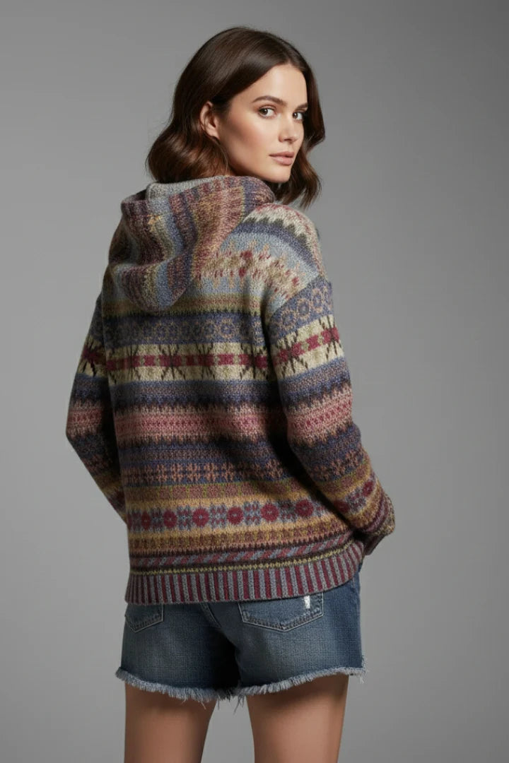 Detail shot of fair isle pattern featuring earthy tones and traditional winter motifs