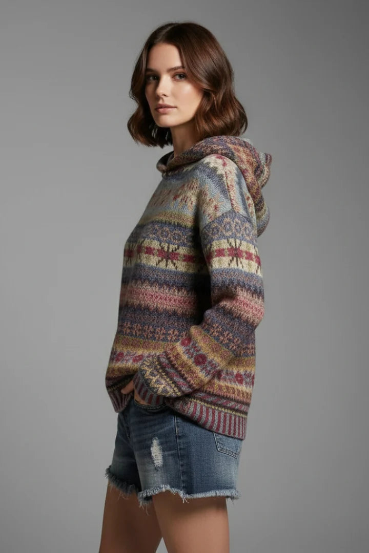 Women's hooded jumper in multi-pattern knit with comfortable relaxed silhouette for casual wear