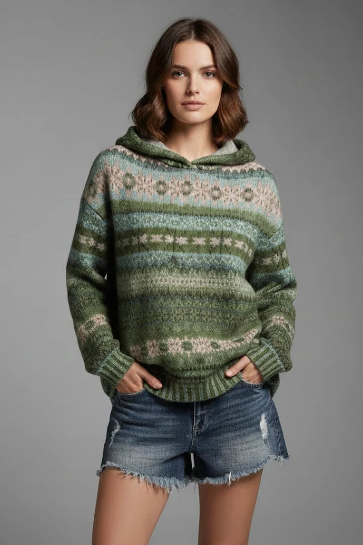 Back view of fair isle knit hoodie showing continuous pattern design and relaxed fit