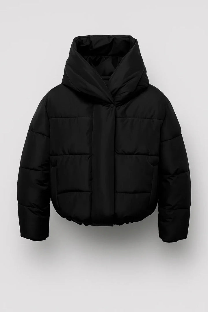 Women's cropped puffer jacket flat lay displaying hooded neckline and padded silhouette in deep burgundy shade