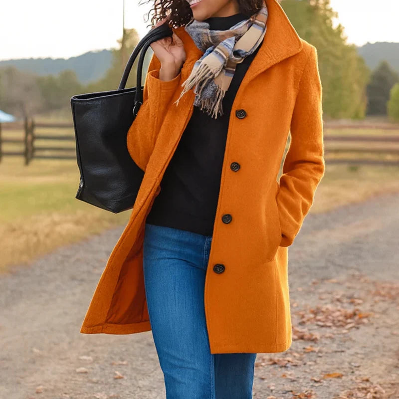 Detail of structured collar and button closure on women's tailored wool-blend coat