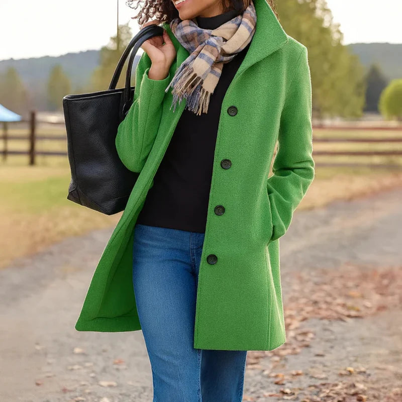 Back view of women's tailored wool-blend coat showing classic silhouette and mid-length hem