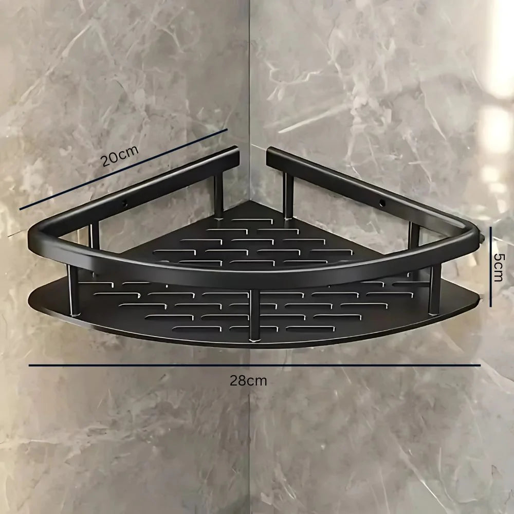 Side angle of men's bathroom organiser shelf showing two-tier design with toothbrush holder and grooming product compartments