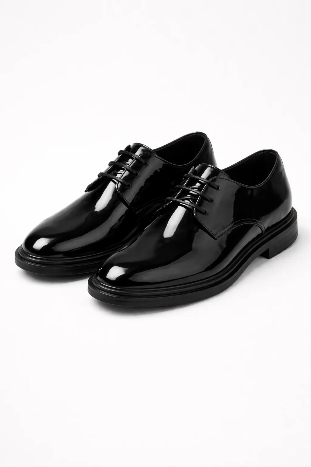 Full view of men's derby shoes in charcoal grey with classic lace-up design