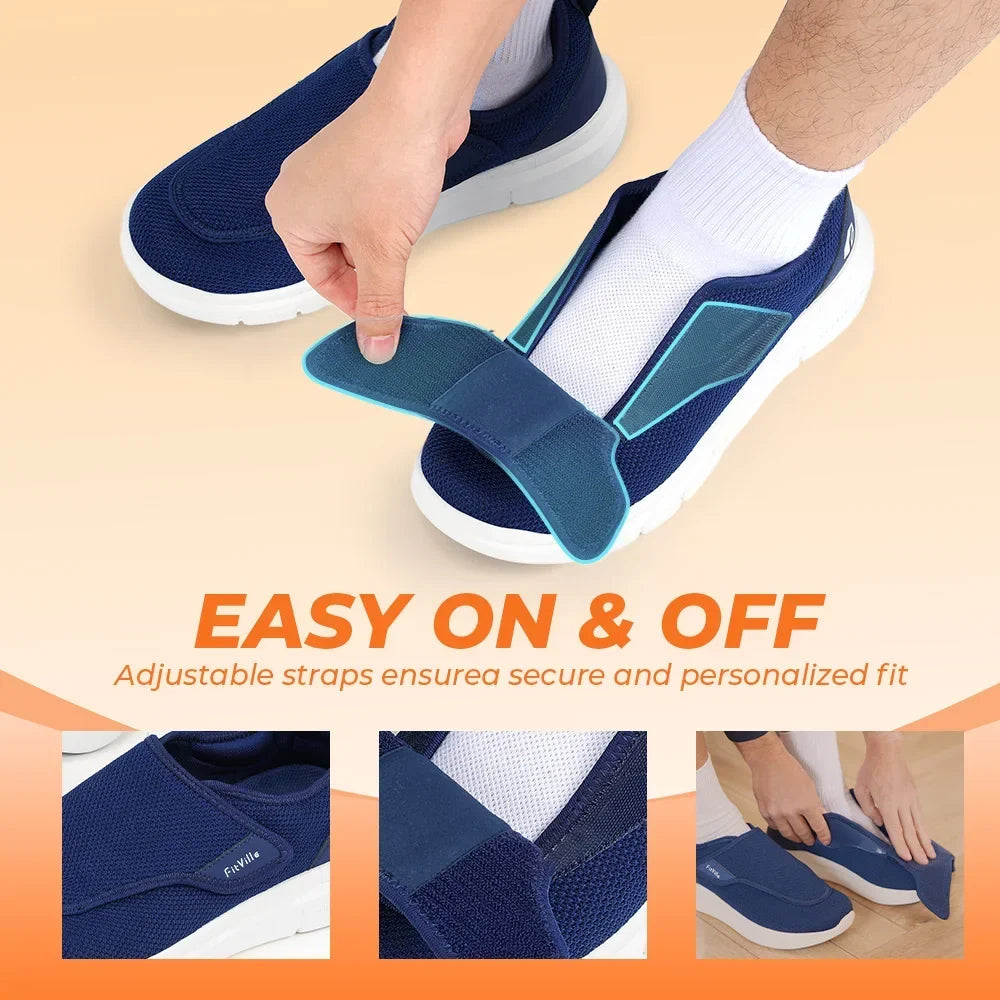 Men's orthopaedic walking shoes in navy with adjustable hook-and-loop strap and white cushioned sole