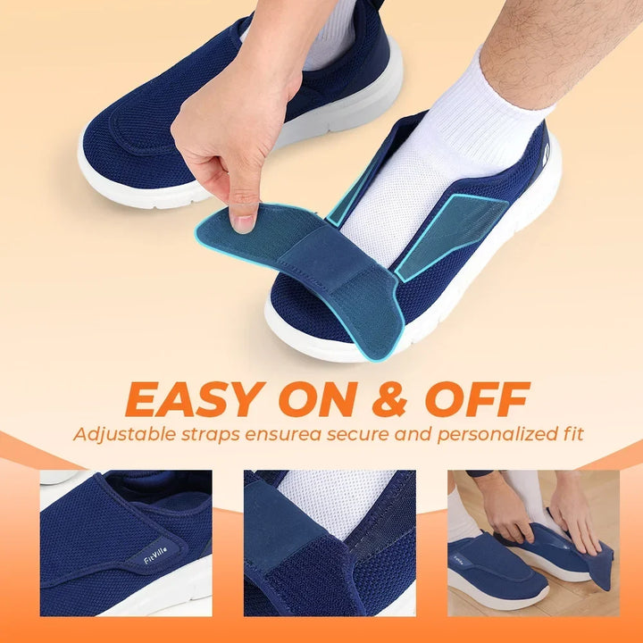 Men's orthopaedic walking shoes in navy with adjustable hook-and-loop strap and white cushioned sole
