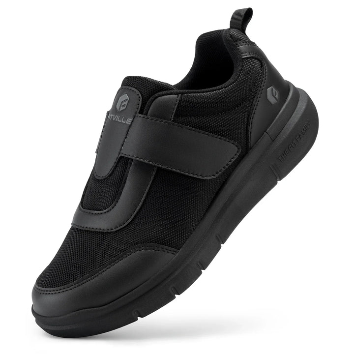 Side view of cushioned midsole and supportive construction on men's orthopaedic walking shoes