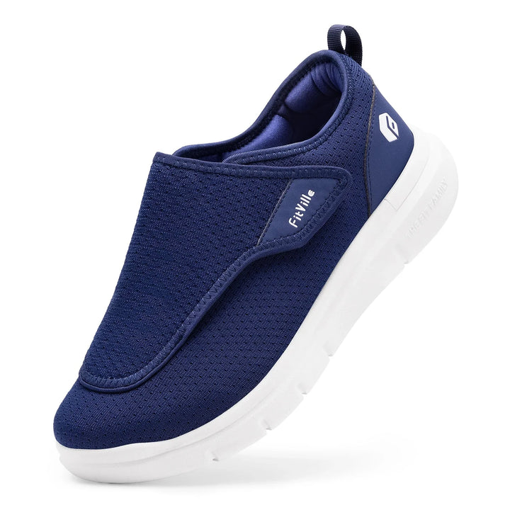 Men's orthopaedic walking shoes in navy and teal colourway with white sole unit