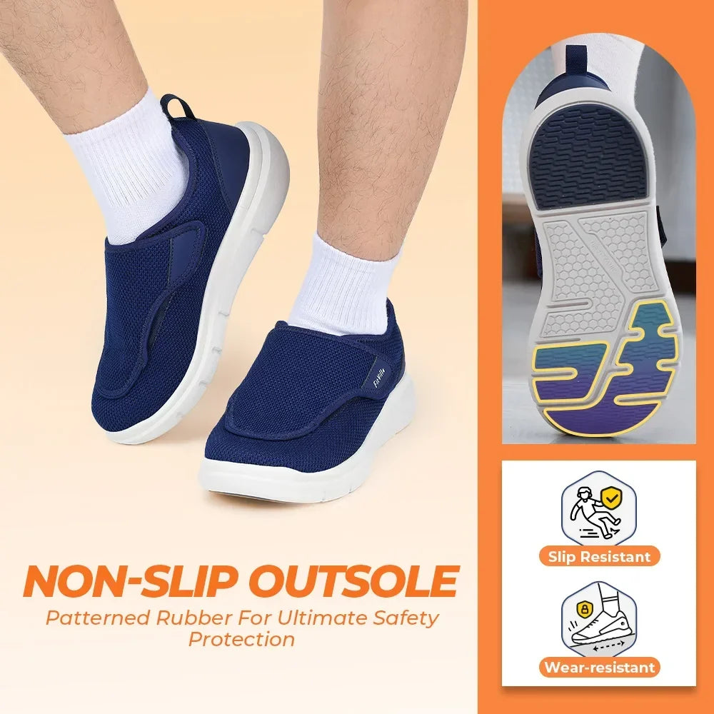 Close-up of adjustable strap closure on men's orthopaedic walking shoes showing secure fit mechanism