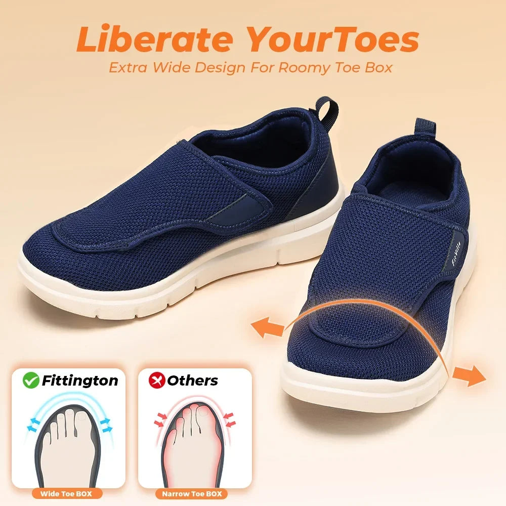 Detail view of mesh upper and seam-free interior lining on men's orthopaedic walking shoes