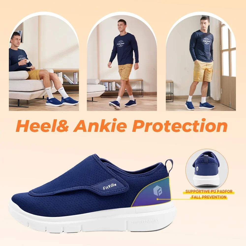 Side profile of navy men's orthopaedic walking shoes with cushioned EVA sole and textured outsole