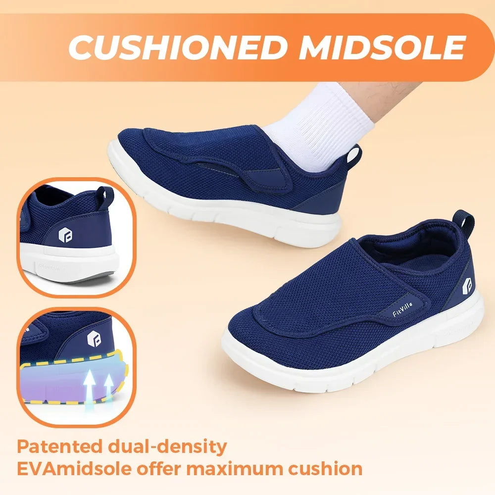 Top view of extra wide toe box design on men's orthopaedic walking shoes in navy
