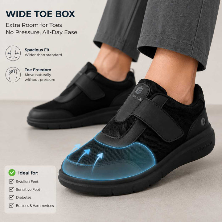 Men's orthopaedic walking shoes shown from multiple angles highlighting adjustable strap and wide fit