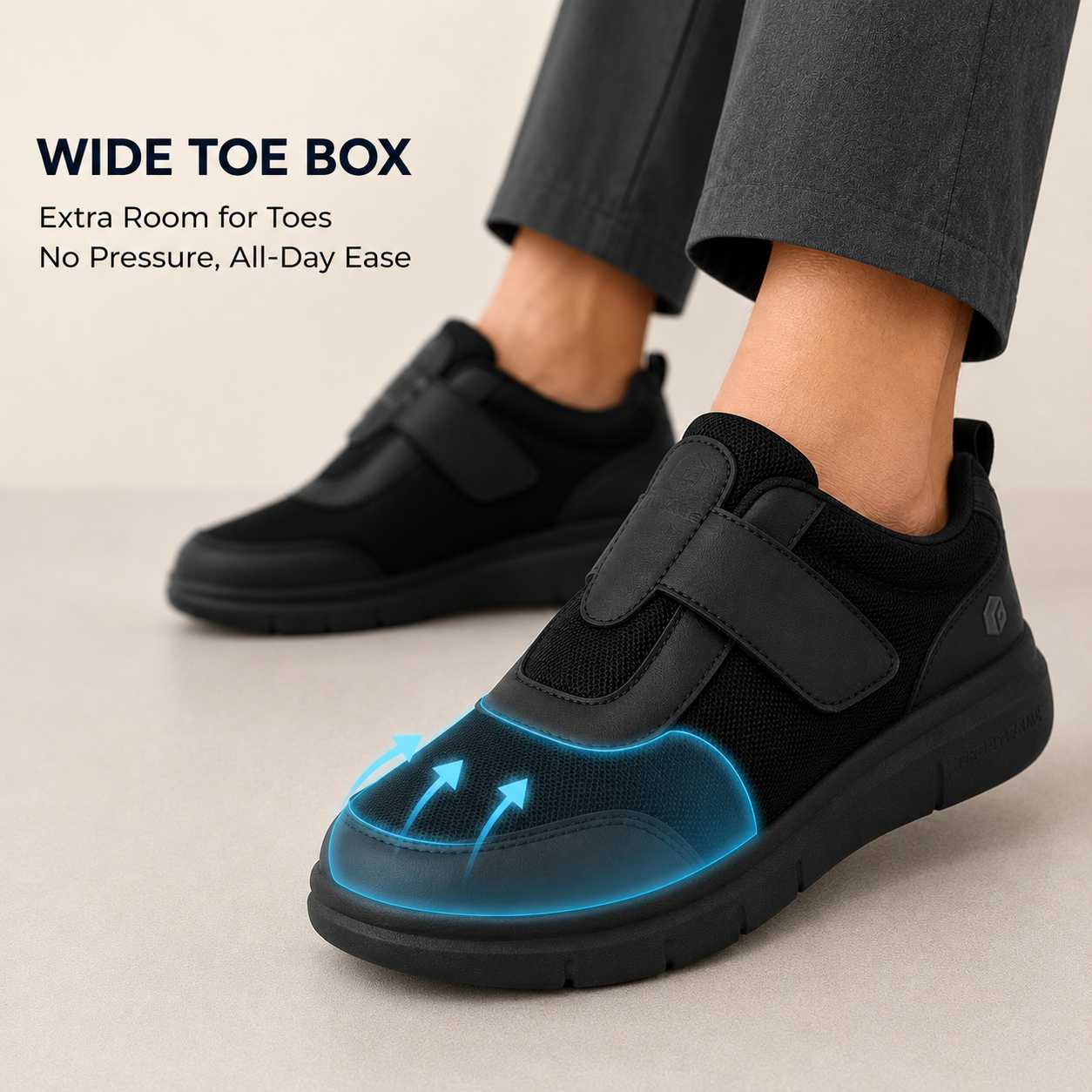 Men's orthopaedic walking shoes in navy displayed on neutral background showing slip-on design