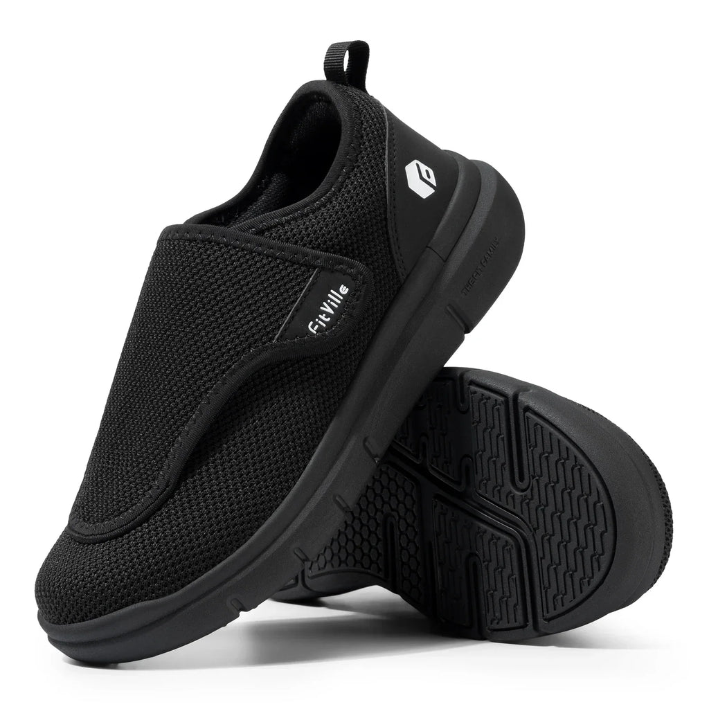 Detail of breathable mesh upper construction on men's orthopaedic walking shoes