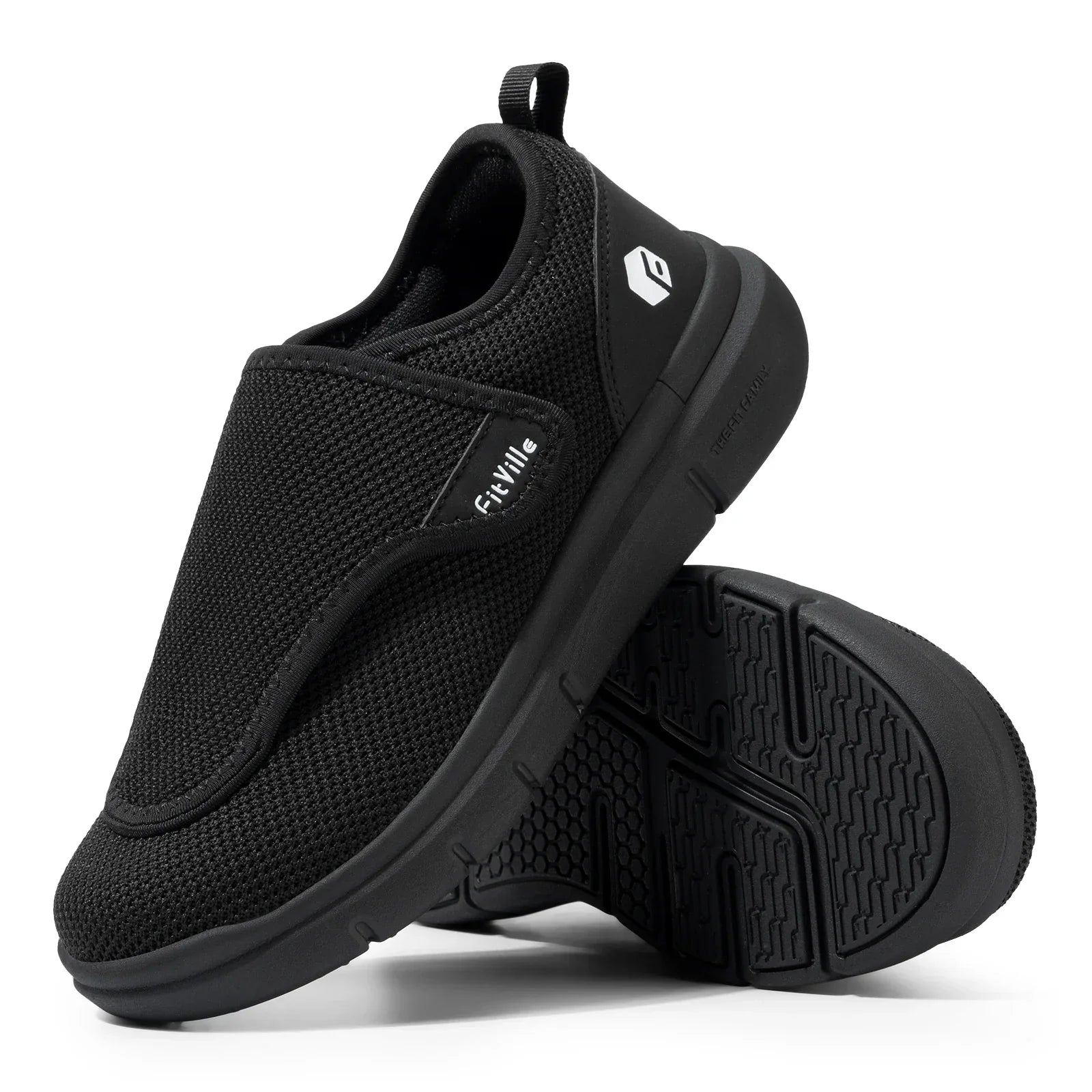 Detail of breathable mesh upper construction on men's orthopaedic walking shoes