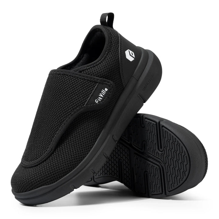 Detail of breathable mesh upper construction on men's orthopaedic walking shoes