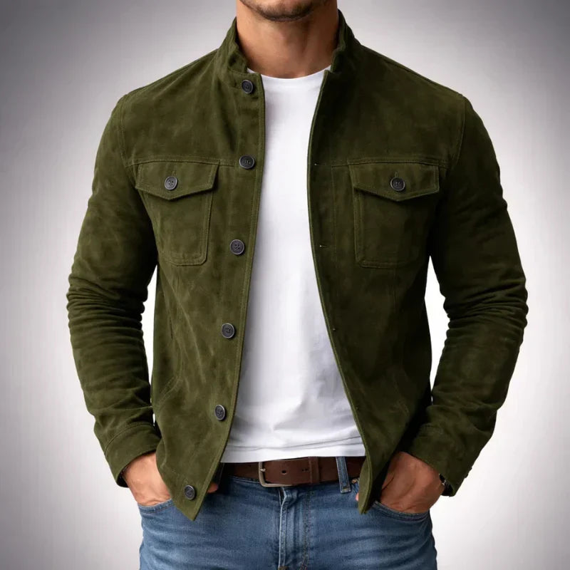 Men's olive suede jacket with stand collar and chest pockets worn over white tee