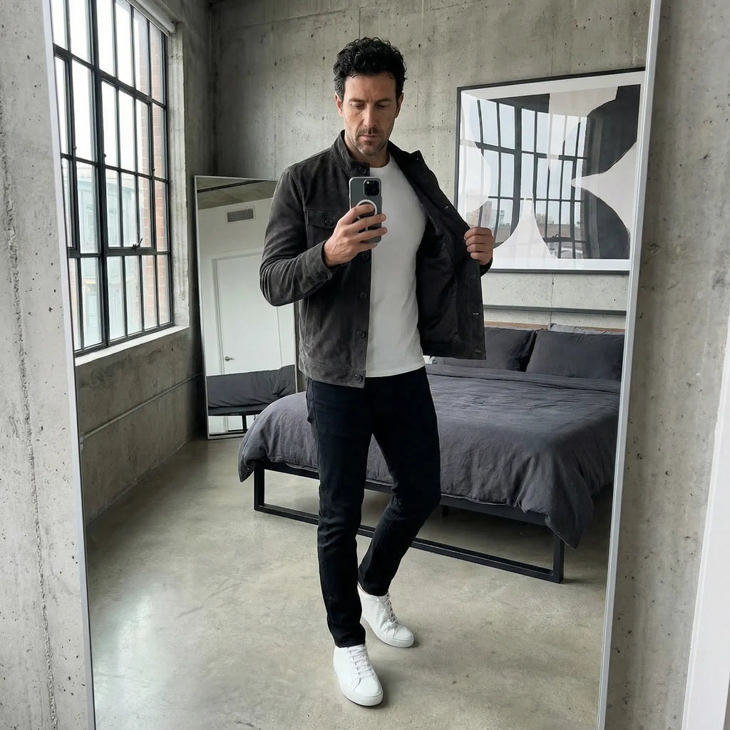 Men's olive suede jacket styled over white tee for relaxed smart-casual look