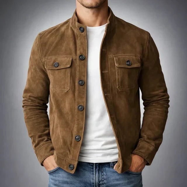 Close-up of men's suede jacket showing button-front closure and chest flap pockets