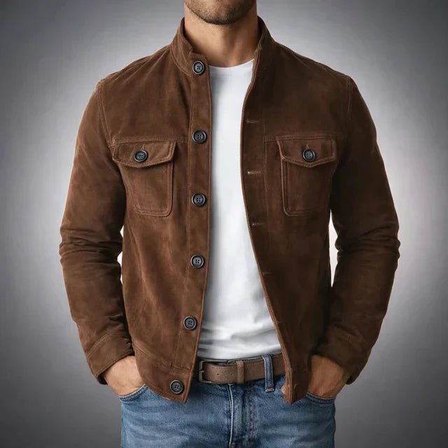 Side view of men's olive suede jacket displaying tailored fit and structured silhouette