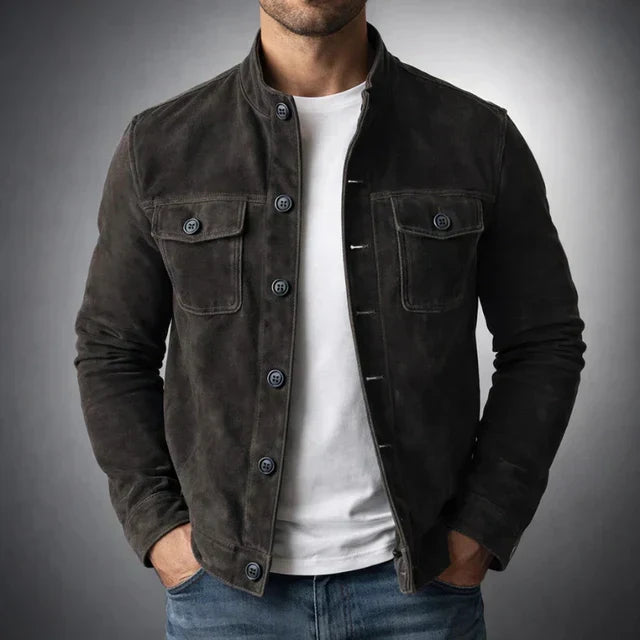 Men's suede jacket paired with jeans showing smart-casual styling and rich texture