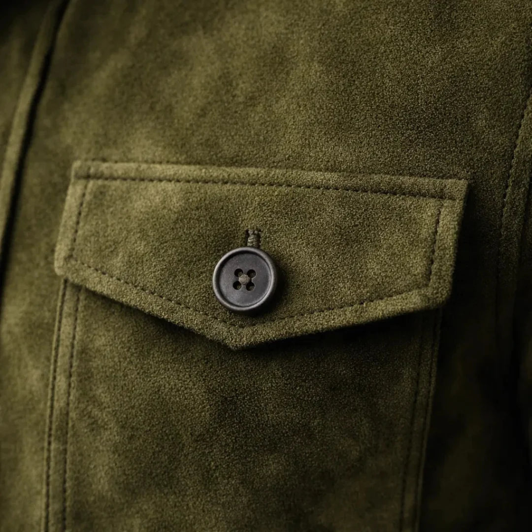 Detail of suede jacket chest pocket with button fastening and smooth finish