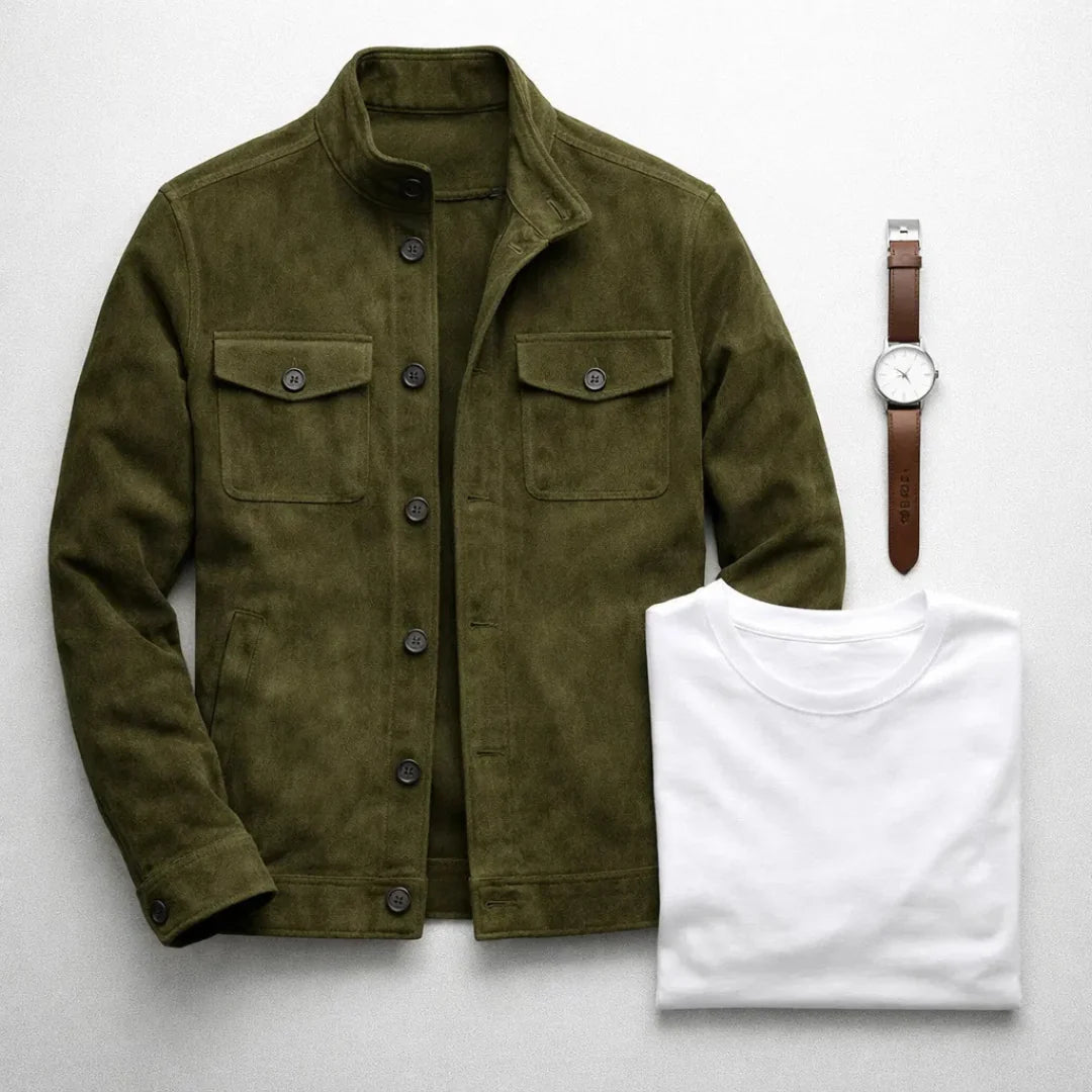 Men's olive suede jacket front view highlighting stand collar and button closure