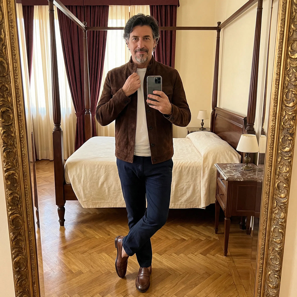 Full-length view of men's suede jacket styled with casual trousers and belt