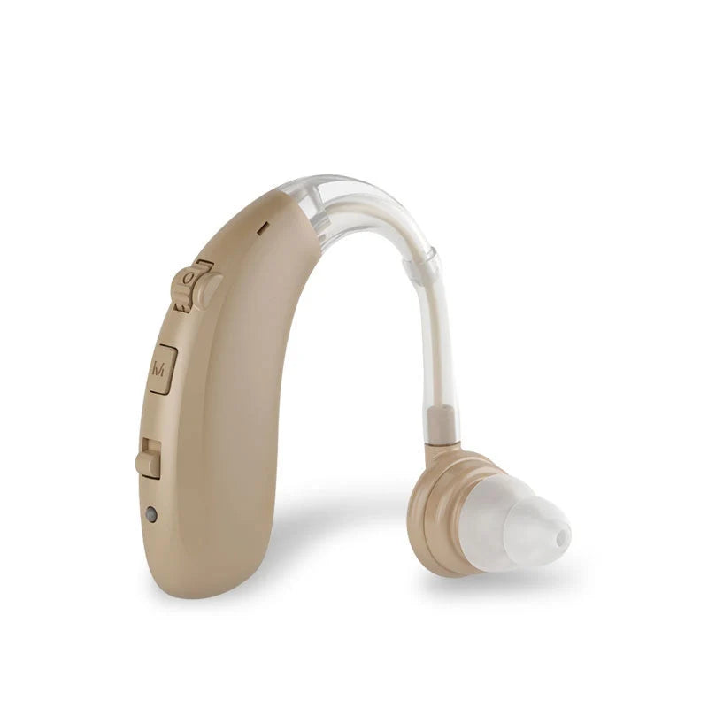 Rechargeable hearing aid in beige with behind-the-ear design and clear ear tube on white background
