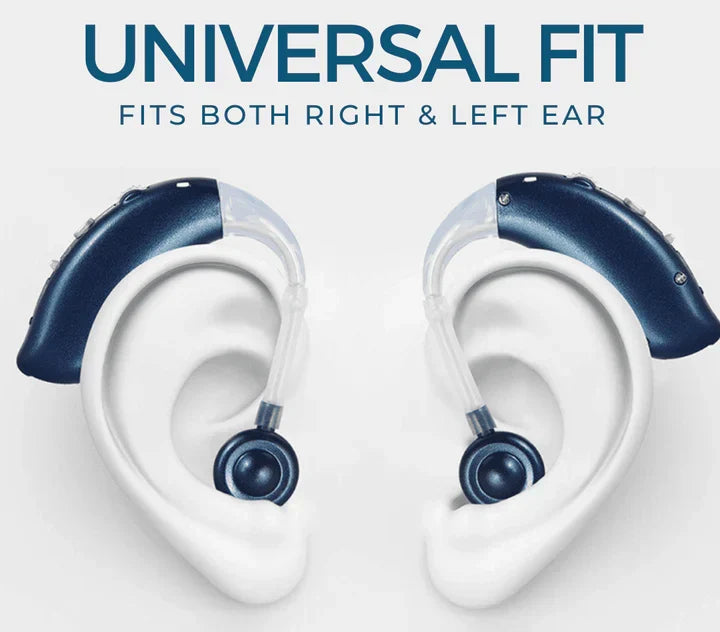 Rechargeable hearing aid worn behind ear demonstrating discreet profile and comfortable fit