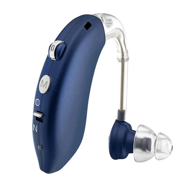 Rechargeable hearing aid with USB charging cable and multiple earbud tip sizes included