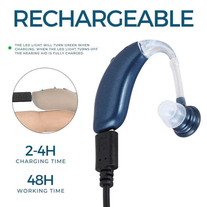 Side angle of rechargeable hearing aid showing ergonomic curved design and button placement
