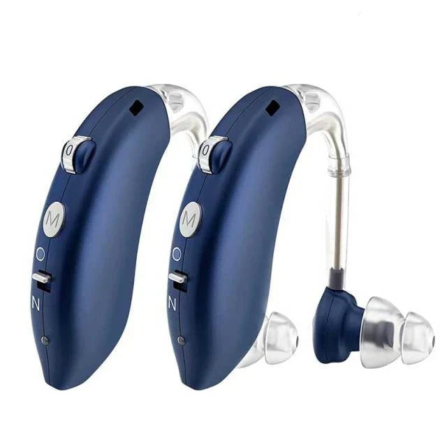 Rechargeable hearing aid in blue colour option with clear tubing and ear tip attachment
