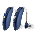 Rechargeable hearing aid in blue colour option with clear tubing and ear tip attachment