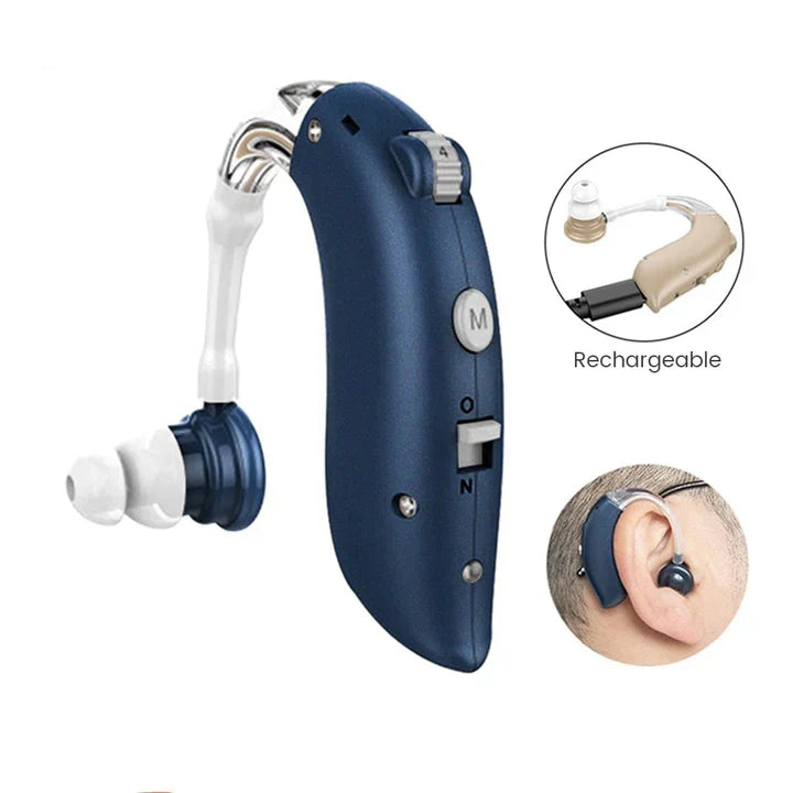 Full hearing aid kit including device, charging cable, earbud tips, and storage case