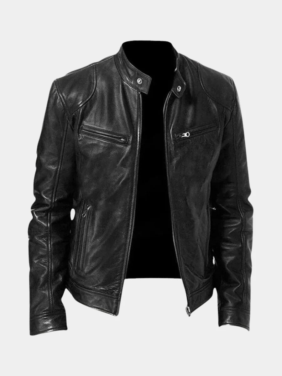 Harvey men's biker jacket in black with stand collar and angled zip pockets on grey background